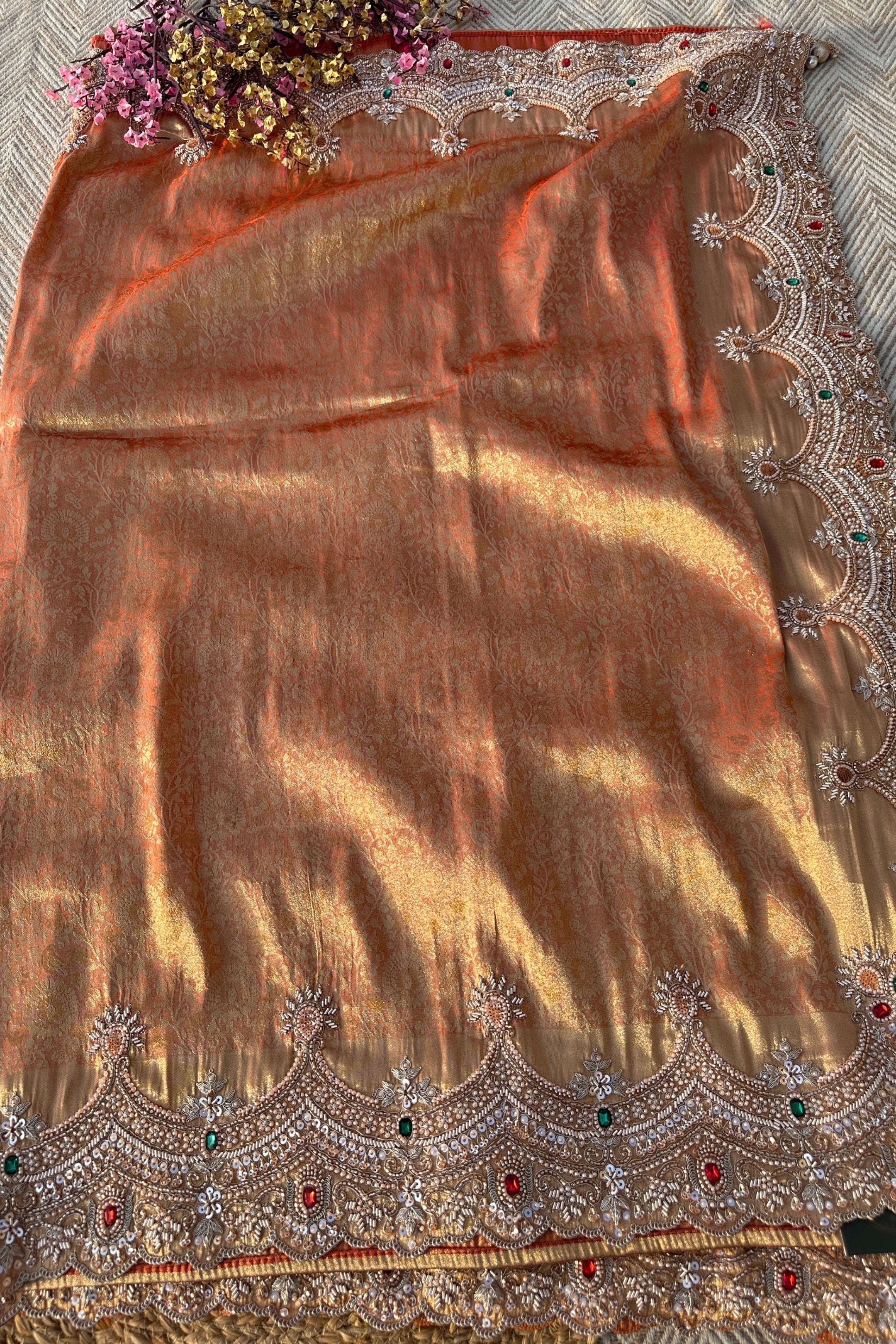 Rust Tissue Unstitched Saree Embellished With Moti, Sequins, Dabka & Cutdana