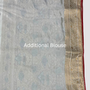 Ivory Banarasi Silk Saree with Stitched Pink Blouse and Weaving Work