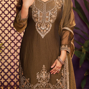 Coffee Tissue Suit, Farshi Salwar And Dupatta with Cutdana, Sequins and Zari Work