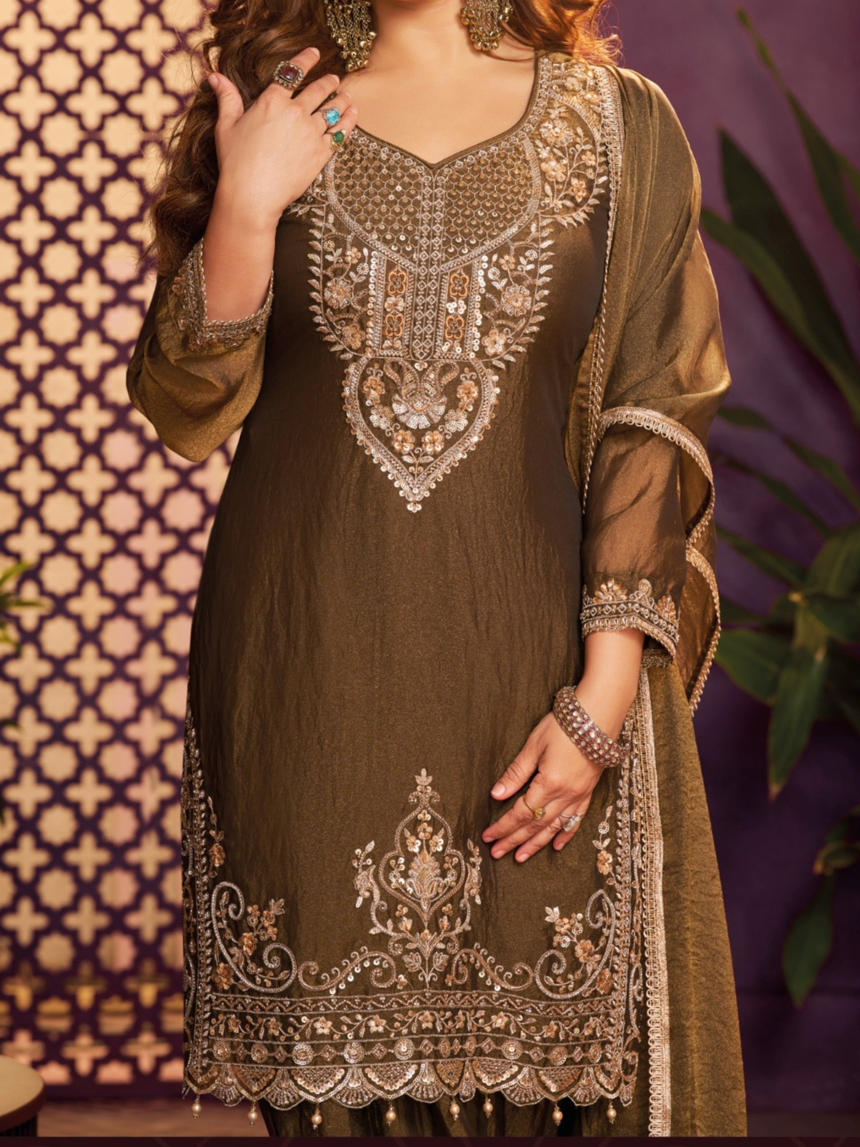 Coffee Tissue Suit, Farshi Salwar And Dupatta with Cutdana, Sequins and Zari Work