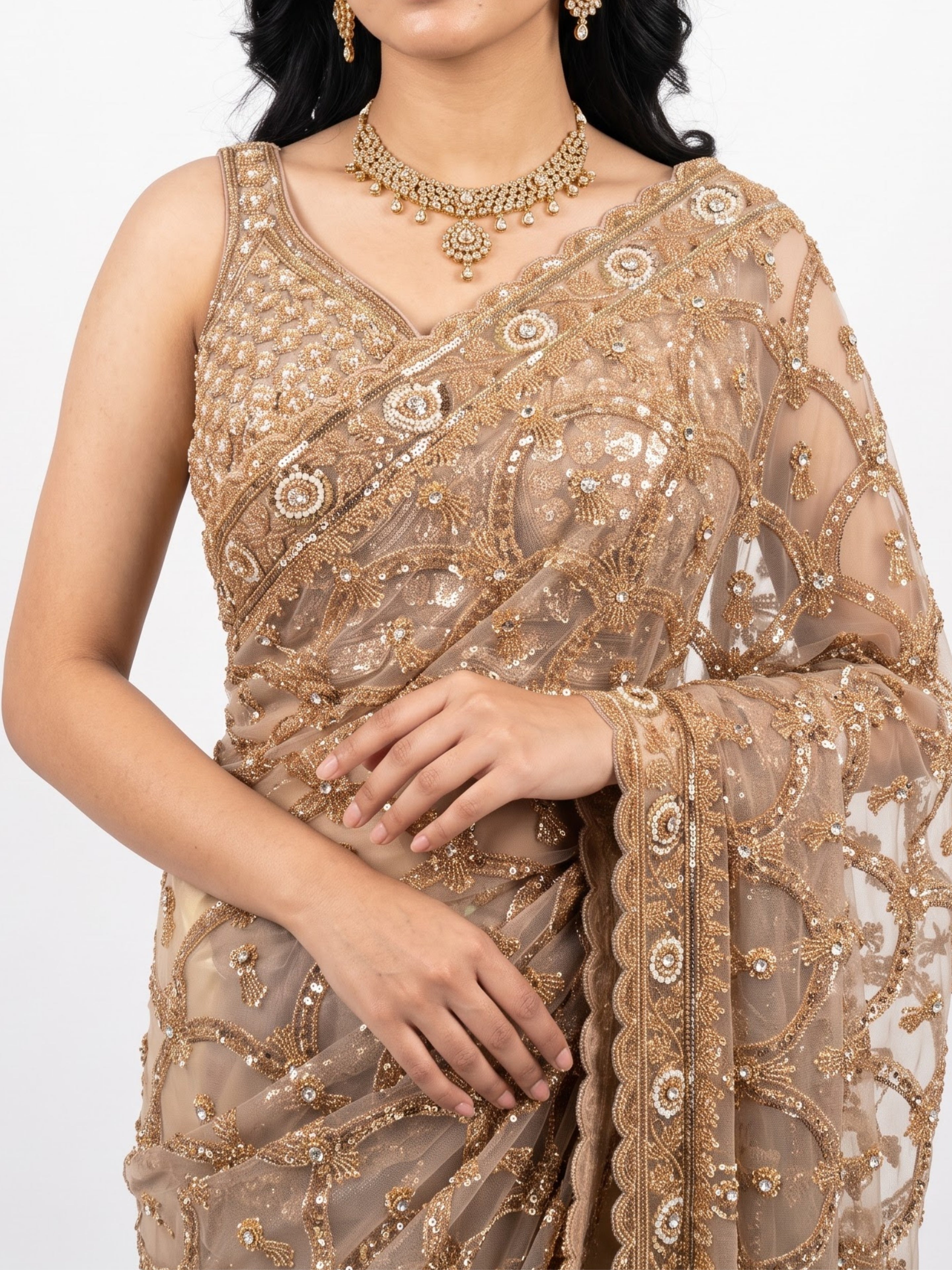 Net Saree Embellished With Cutdana, Sequins & Pearl Work
