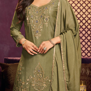 Olive Chinon Suit Embellished With Cutdana, Sequins & Mirror Work
