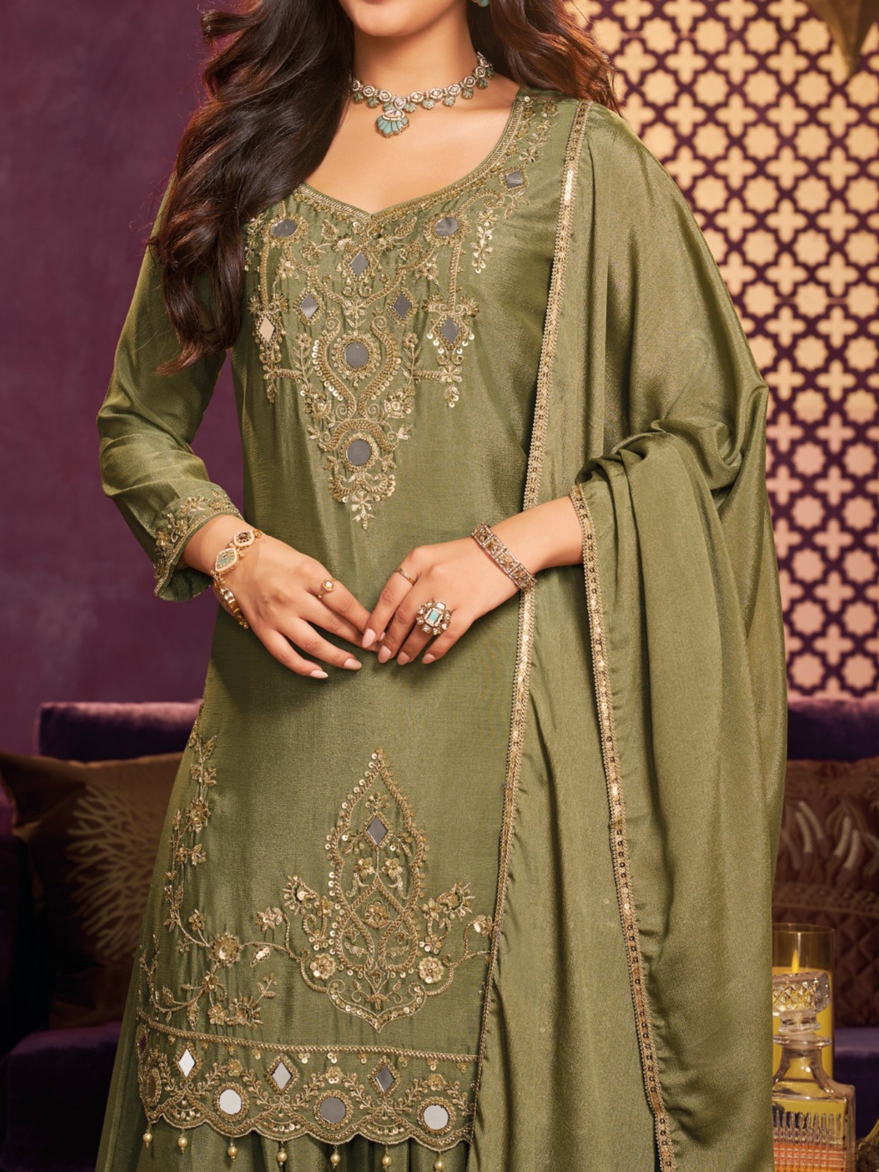Olive Chinon Suit Embellished With Cutdana, Sequins & Mirror Work