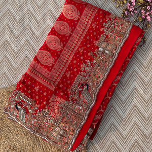 Red Georgette Unstitched Saree Embellished With Zarkan, Sequins, Thread & Cutdana work