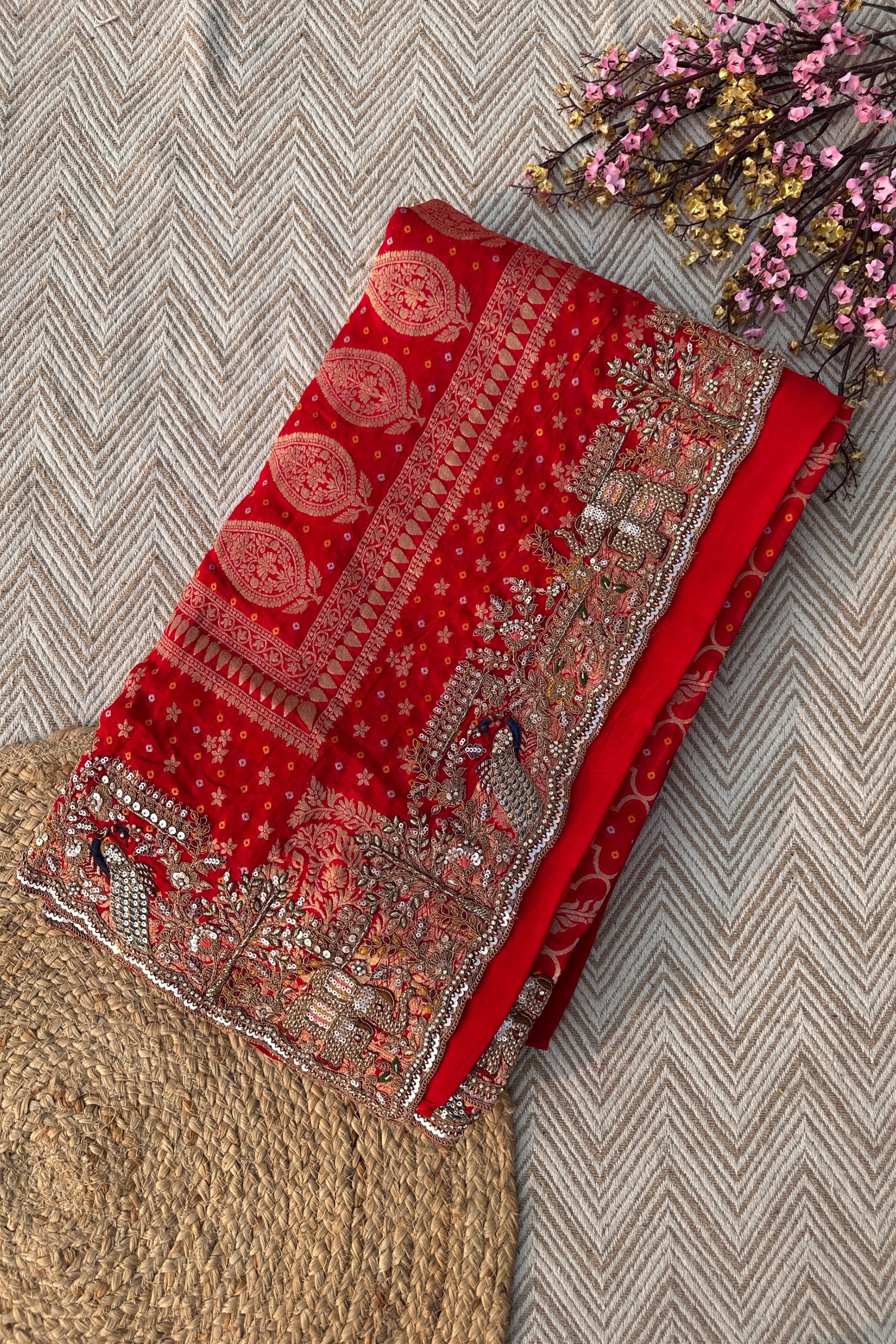 Red Georgette Unstitched Saree Embellished With Zarkan, Sequins, Thread & Cutdana work