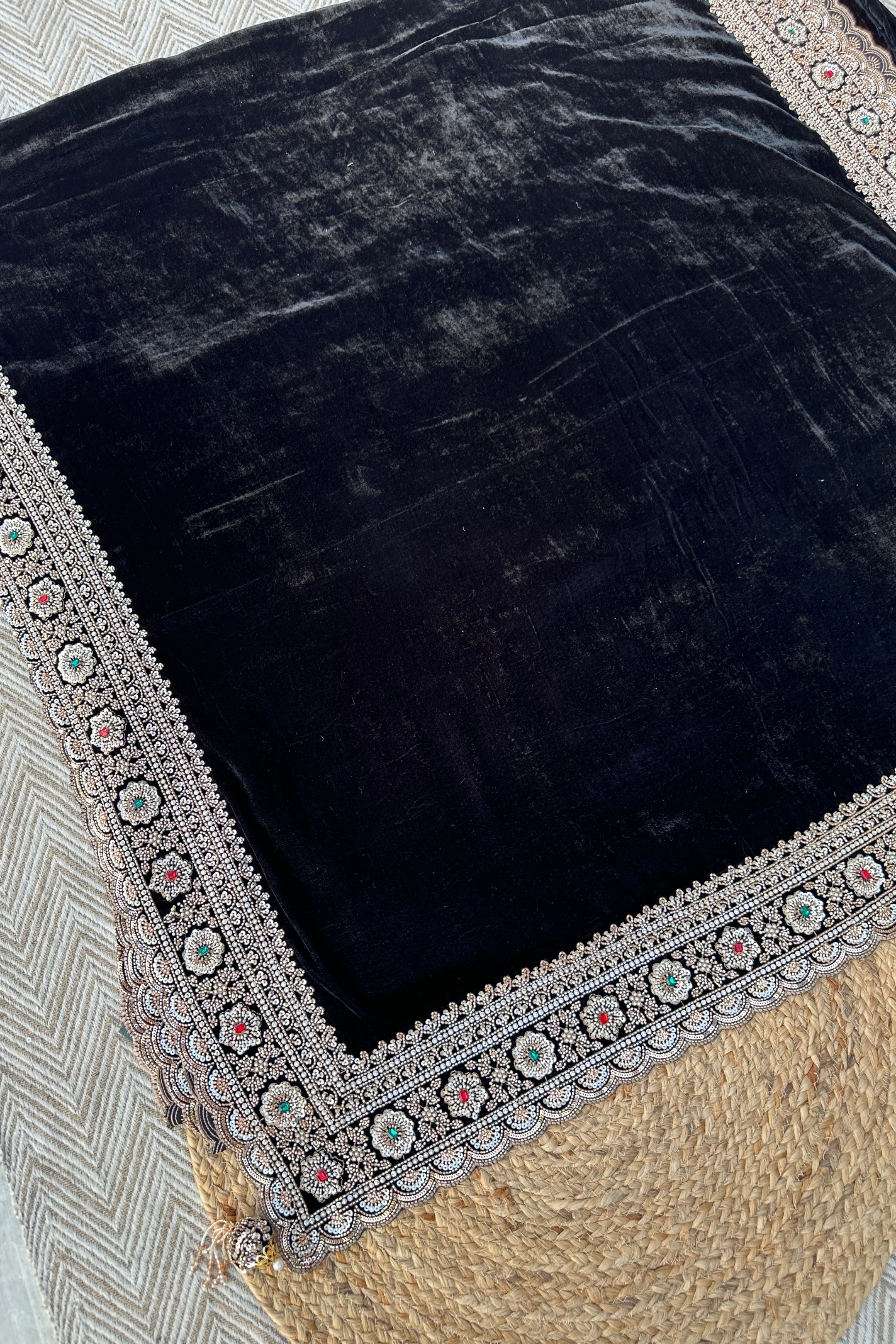 Black Velvet Saree Embellished With Cutdana, Sequins, Stone & Moti work