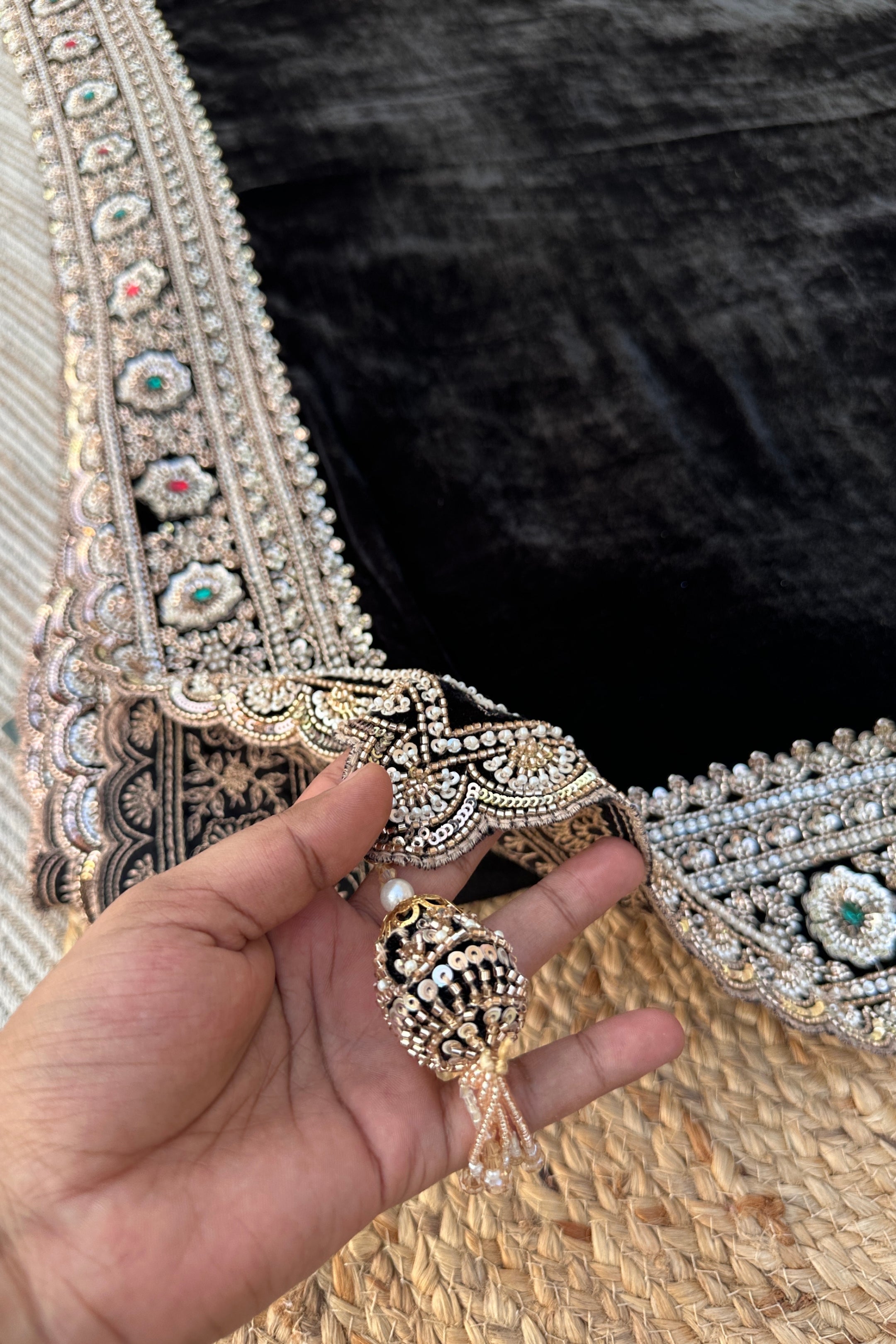 Black Velvet Saree Embellished With Cutdana, Sequins, Stone & Moti work