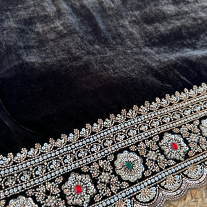 Black Velvet Saree Embellished With Cutdana, Sequins, Stone & Moti work