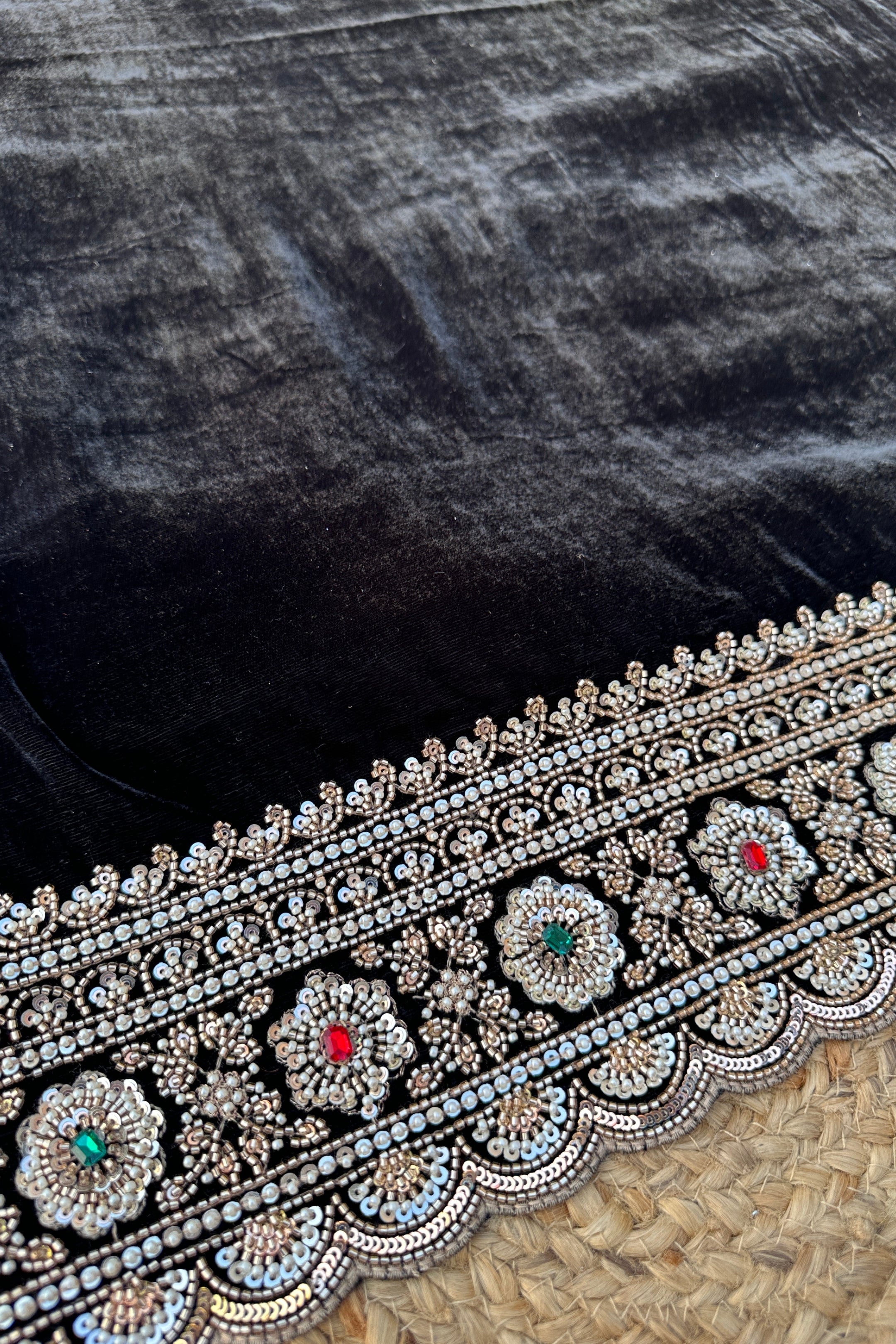 Black Velvet Saree Embellished With Cutdana, Sequins, Stone & Moti work