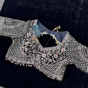 Black Velvet Saree Embellished With Cutdana, Sequins, Stone & Moti work