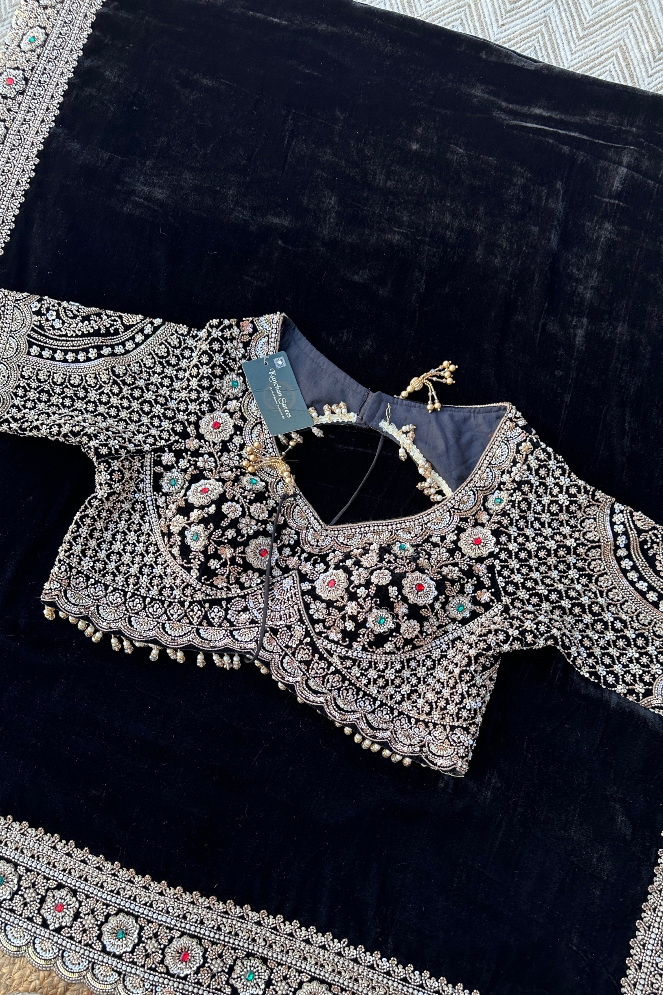 Black Velvet Saree Embellished With Cutdana, Sequins, Stone & Moti work