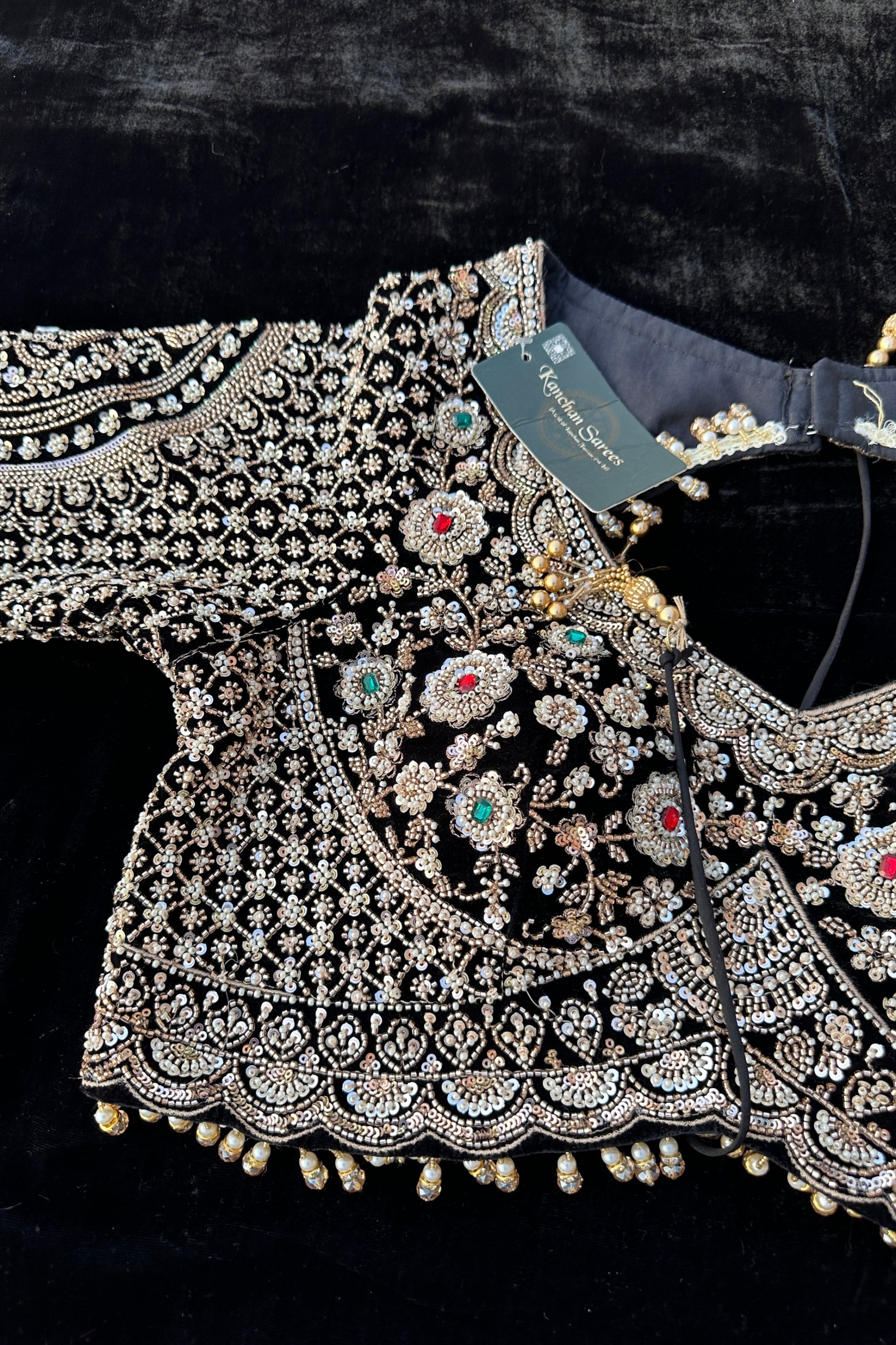 Black Velvet Saree Embellished With Cutdana, Sequins, Stone & Moti work
