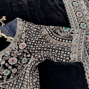Black Velvet Saree Embellished With Cutdana, Sequins, Stone & Moti work