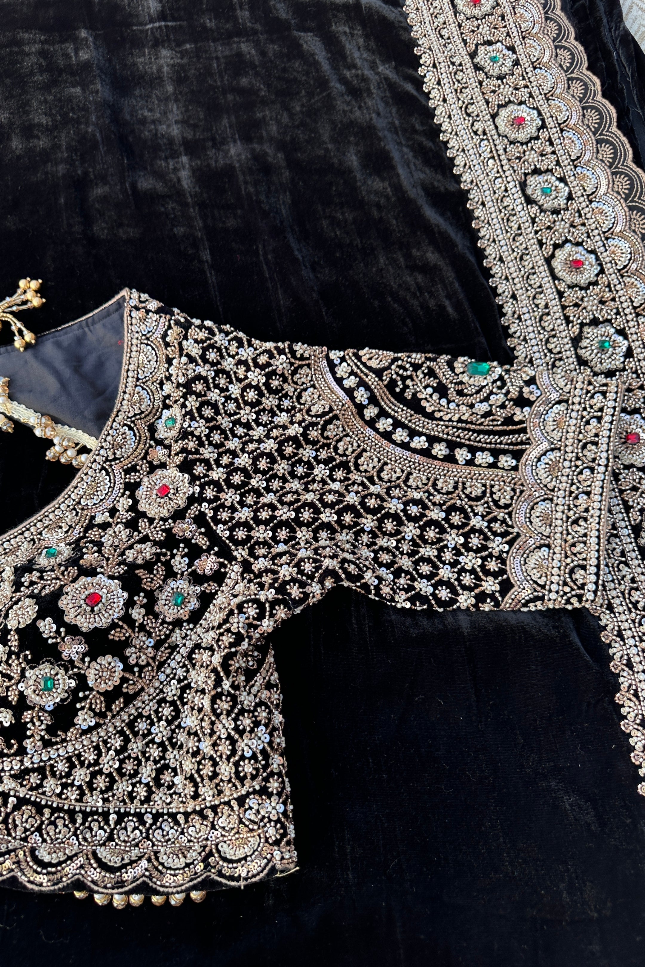 Black Velvet Saree Embellished With Cutdana, Sequins, Stone & Moti work