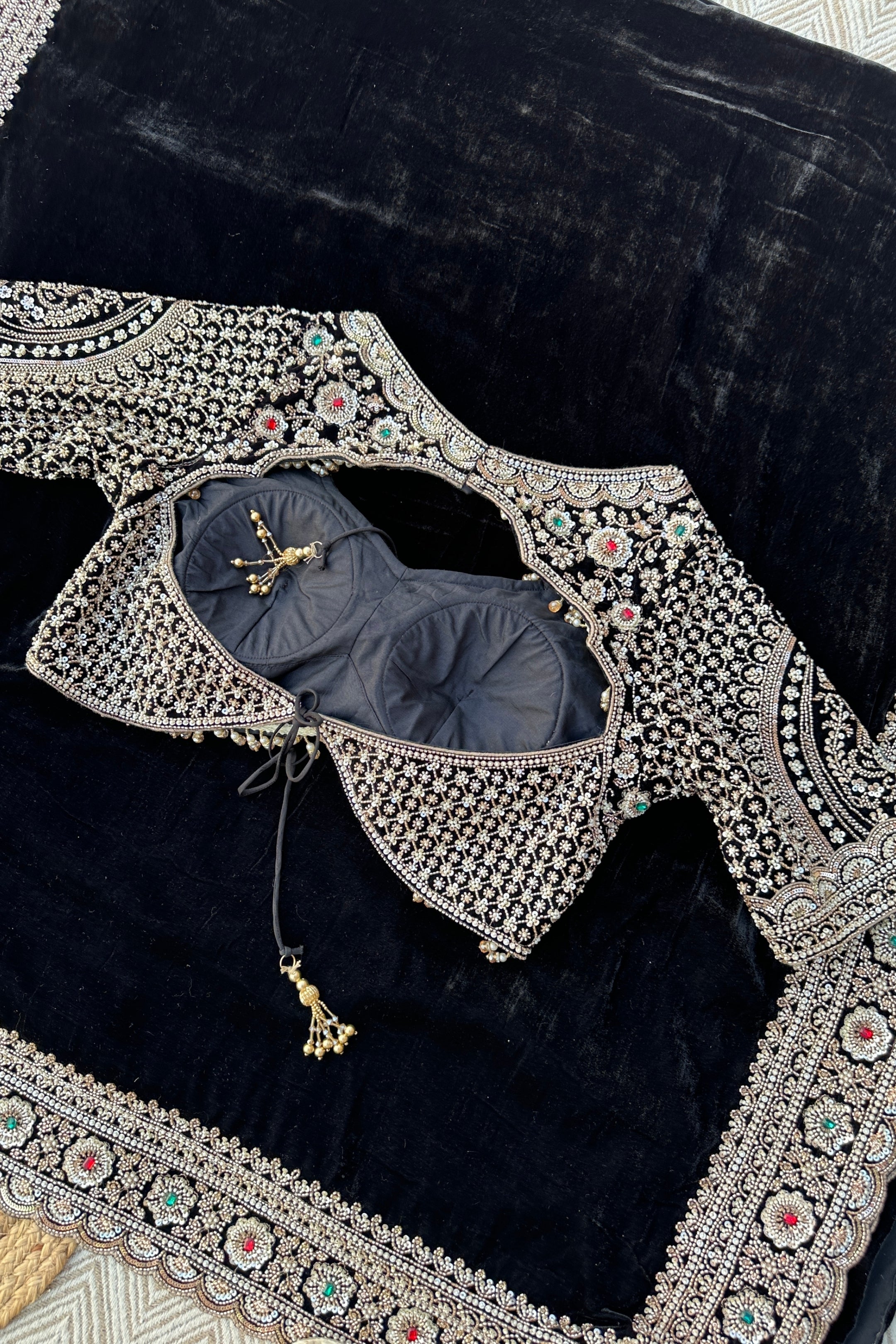 Black Velvet Saree Embellished With Cutdana, Sequins, Stone & Moti work