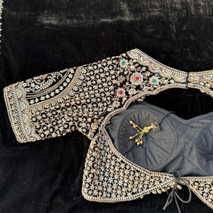 Black Velvet Saree Embellished With Cutdana, Sequins, Stone & Moti work