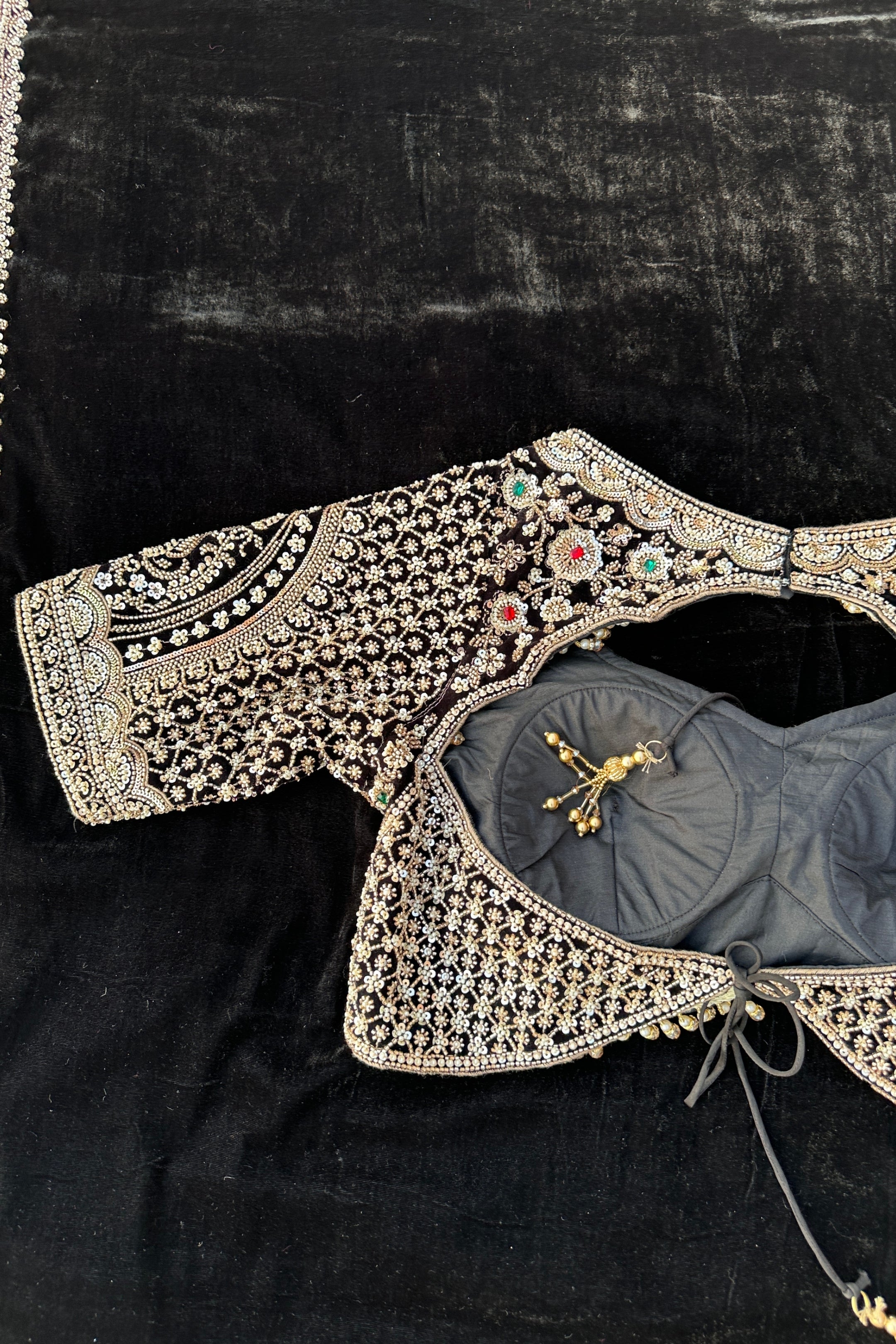 Black Velvet Saree Embellished With Cutdana, Sequins, Stone & Moti work