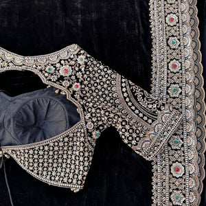 Black Velvet Saree Embellished With Cutdana, Sequins, Stone & Moti work