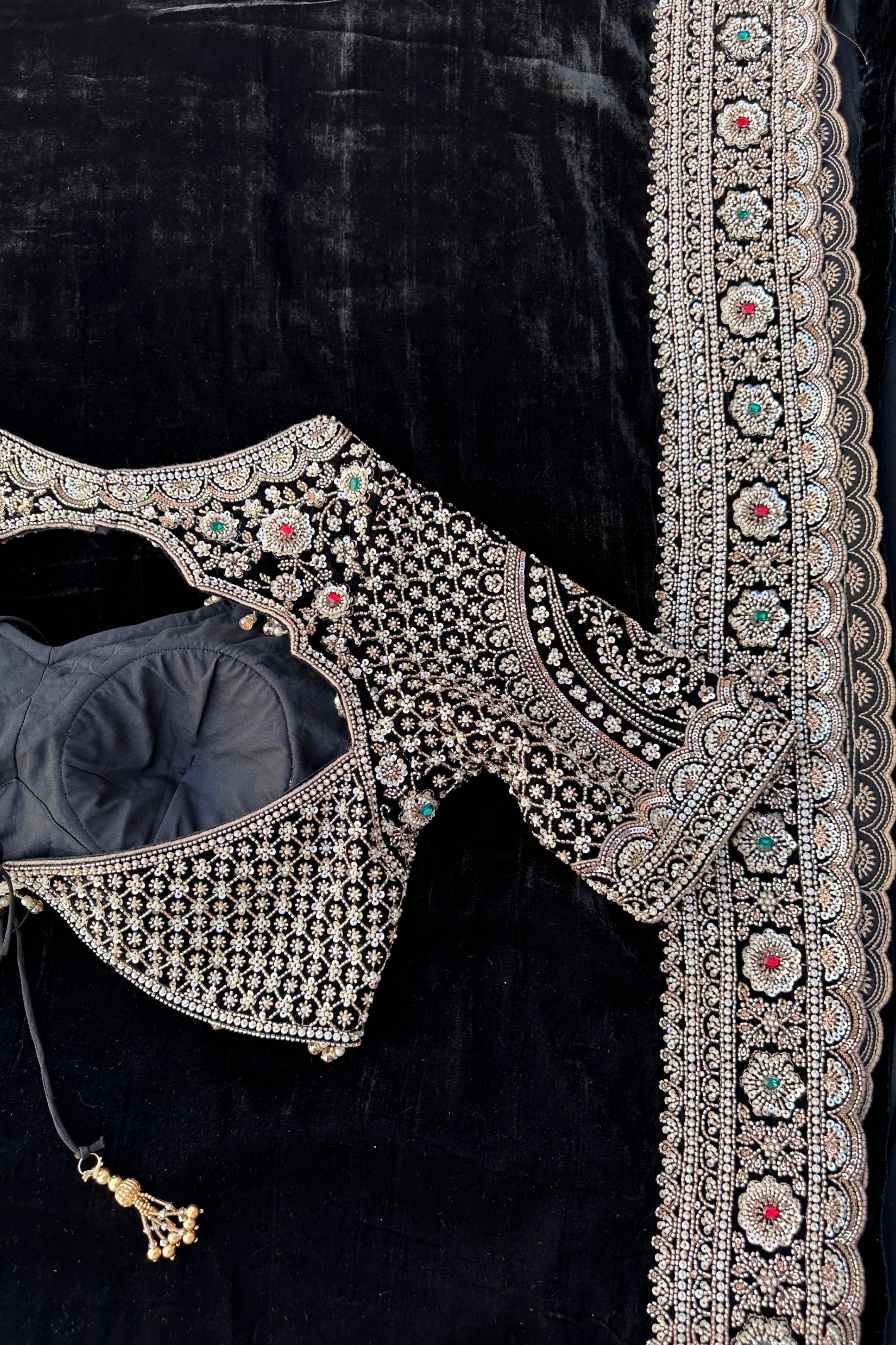 Black Velvet Saree Embellished With Cutdana, Sequins, Stone & Moti work