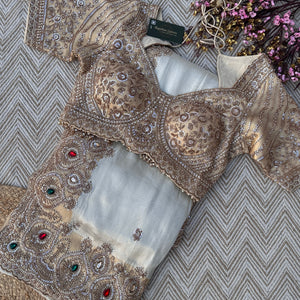 Golden Ivory Tissue Saree Embellished With Sequins, Moti & Cut Dana Work