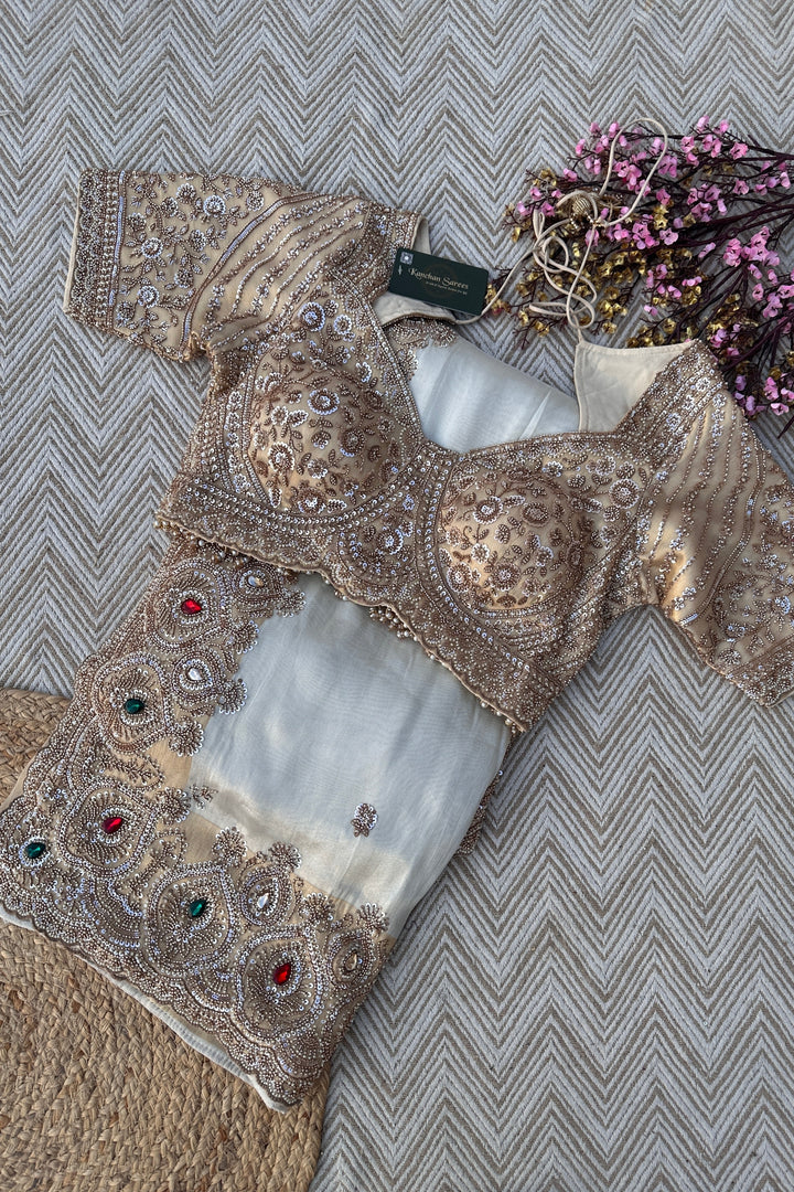 Golden Ivory Tissue Saree Embellished With Sequins, Moti & Cut Dana Work
