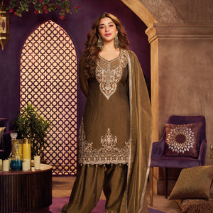 Coffee Tissue Suit, Farshi Salwar And Dupatta with Cutdana, Sequins and Zari Work