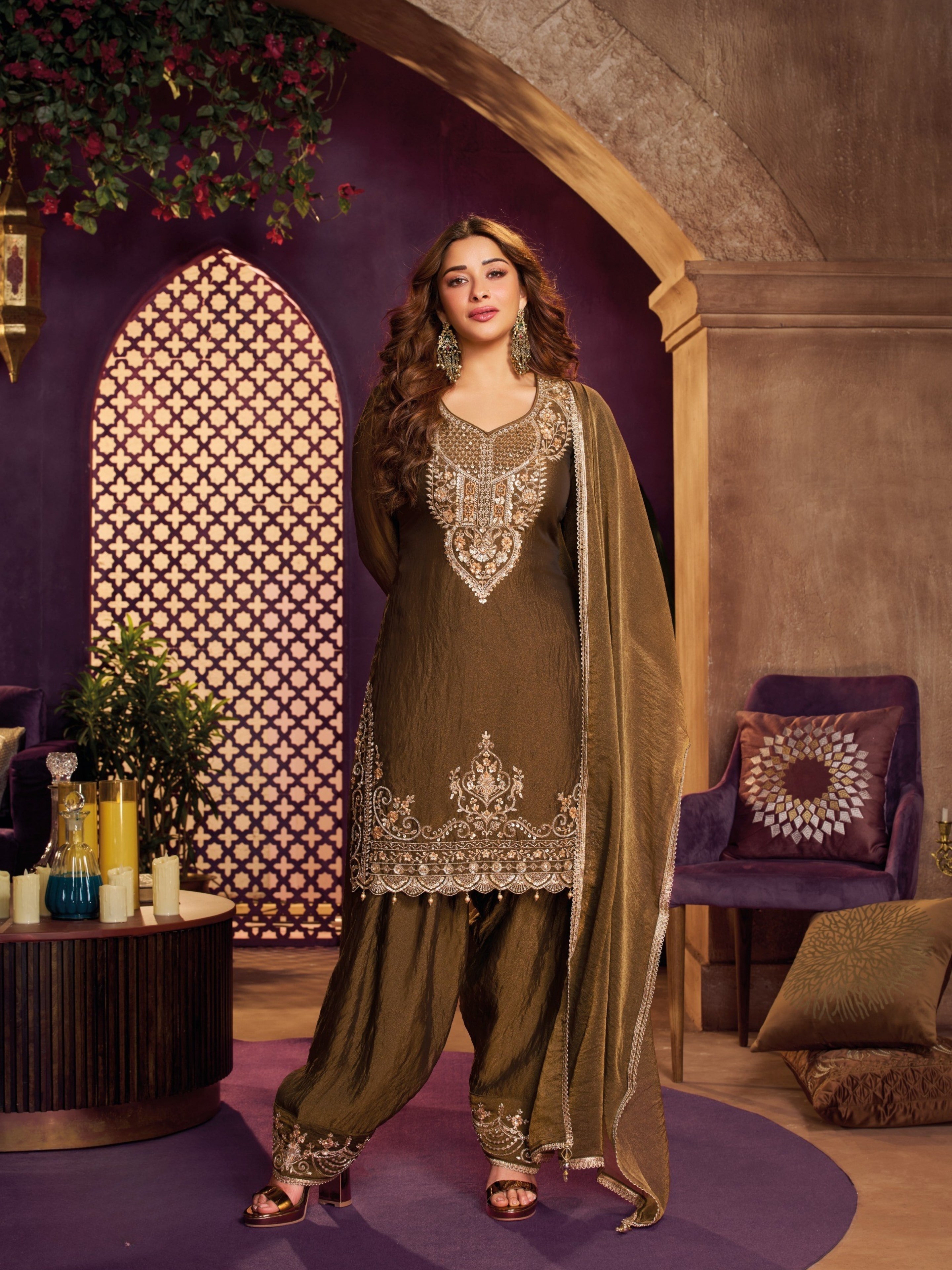 Coffee Tissue Suit, Farshi Salwar And Dupatta with Cutdana, Sequins and Zari Work