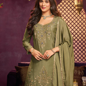 Olive Chinon Suit Embellished With Cutdana, Sequins & Mirror Work