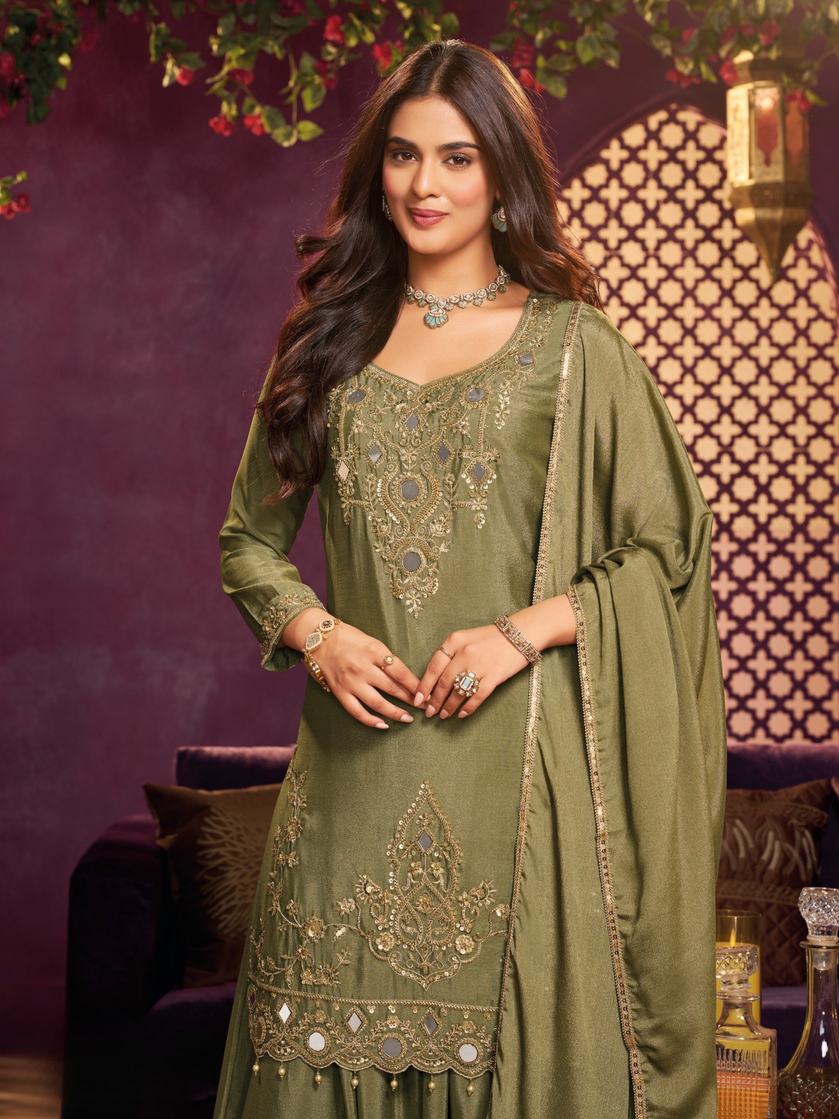 Olive Chinon Suit Embellished With Cutdana, Sequins & Mirror Work
