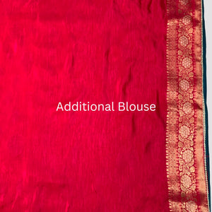 Red Banarasi Silk Saree with Stitched Blue Blouse and Weaving Work