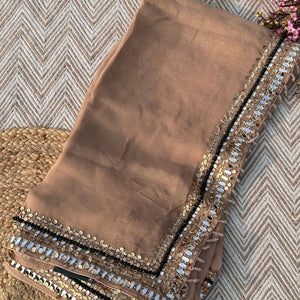 Beige Organza Saree & Net Blouse Embellished With Stone, Moti, Mirror & Kundan Work