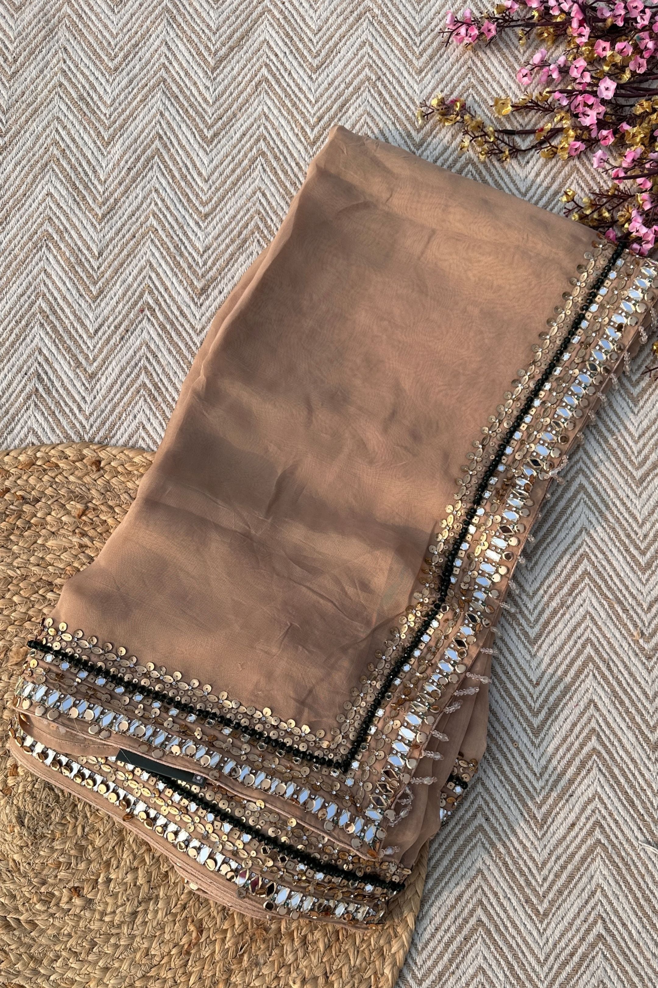 Beige Organza Saree & Net Blouse Embellished With Stone, Moti, Mirror & Kundan Work