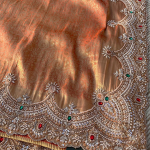 Rust Tissue Unstitched Saree Embellished With Moti, Sequins, Dabka & Cutdana