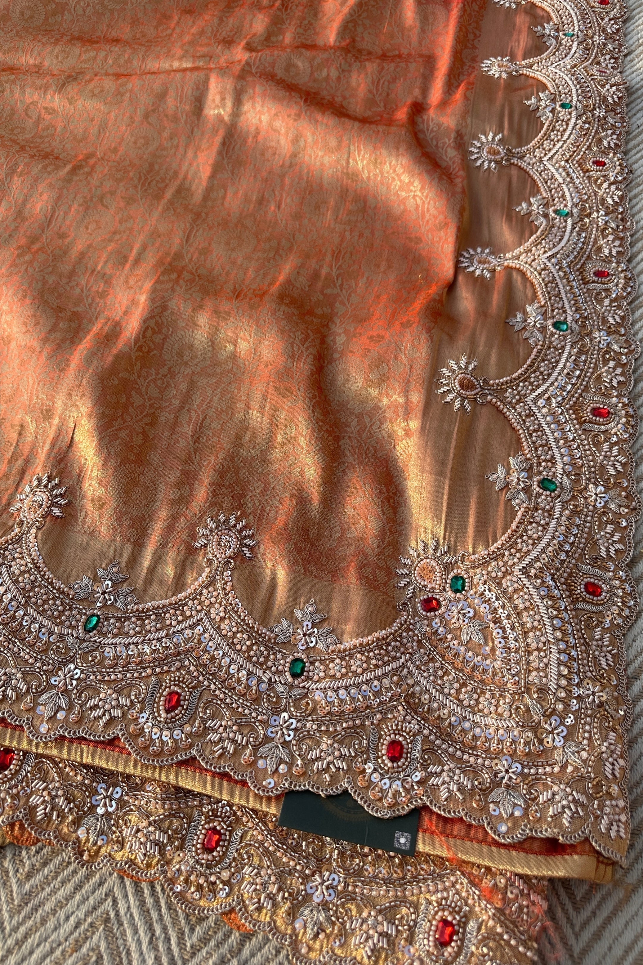 Rust Tissue Unstitched Saree Embellished With Moti, Sequins, Dabka & Cutdana