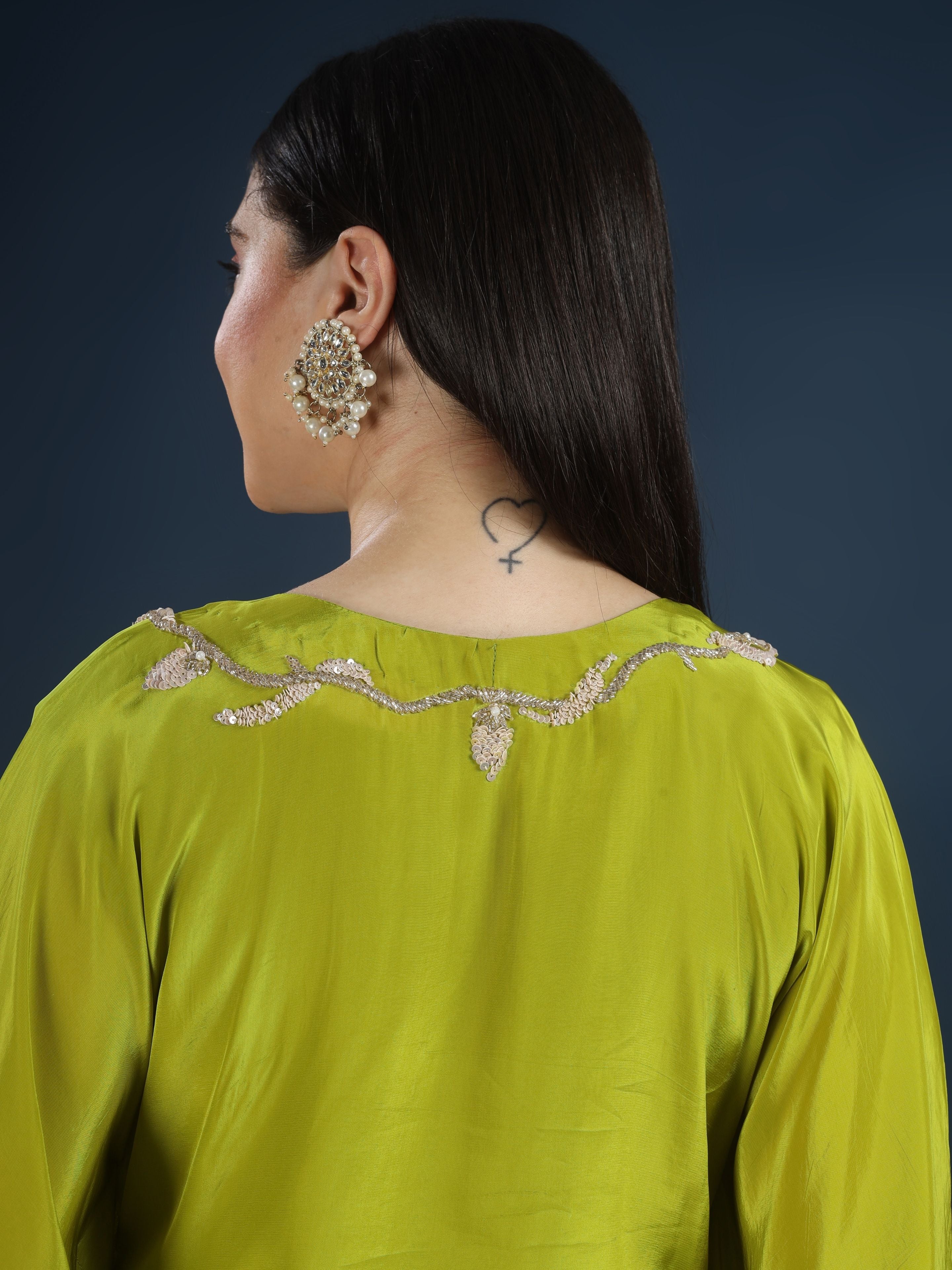 Green Crepe Indo Western with Cutdana, Sequins and Pearl Embroidery