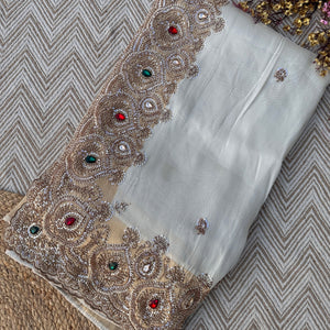 Golden Ivory Tissue Saree Embellished With Sequins, Moti & Cut Dana Work