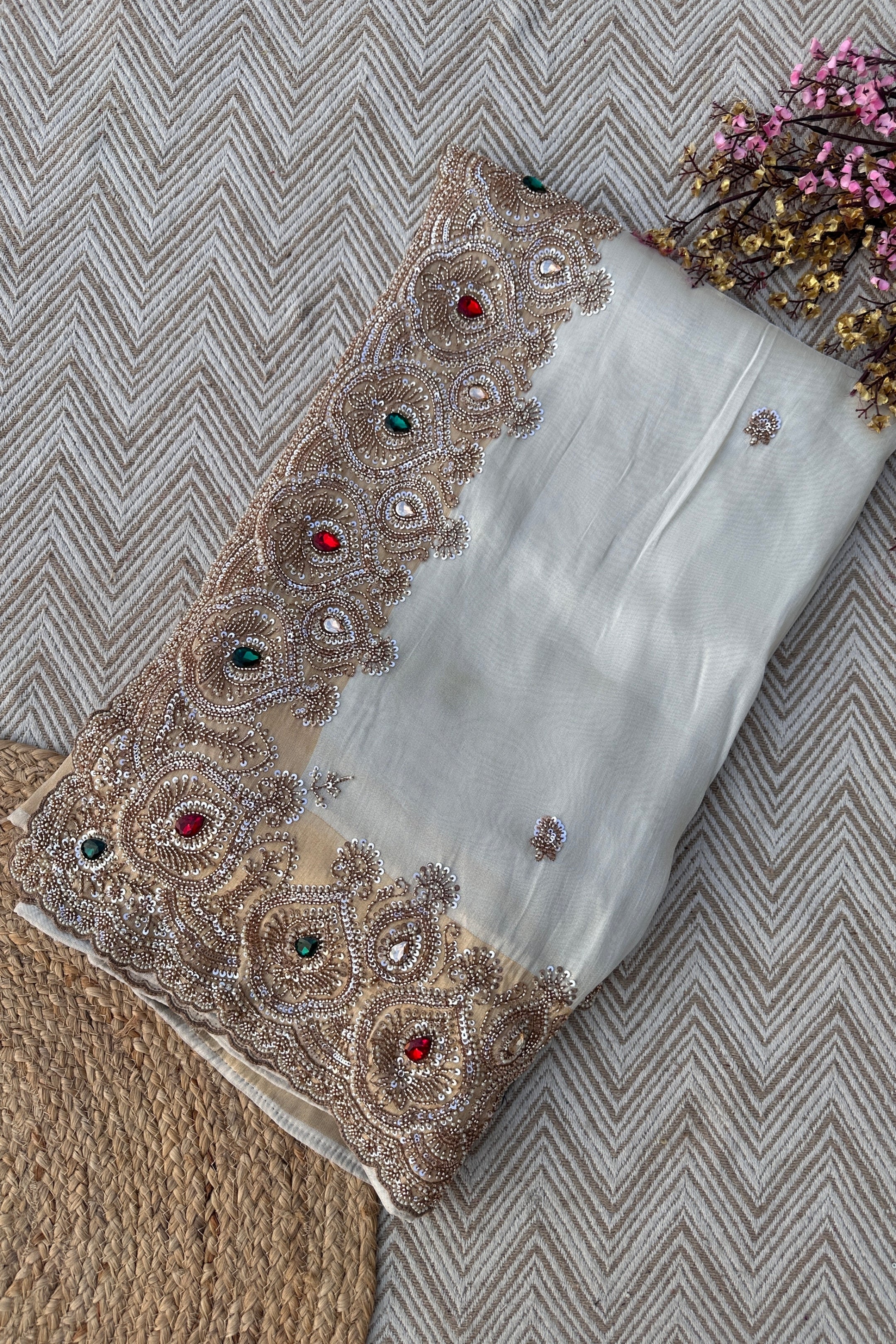 Golden Ivory Tissue Saree Embellished With Sequins, Moti & Cut Dana Work