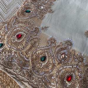 Golden Ivory Tissue Saree Embellished With Sequins, Moti & Cut Dana Work