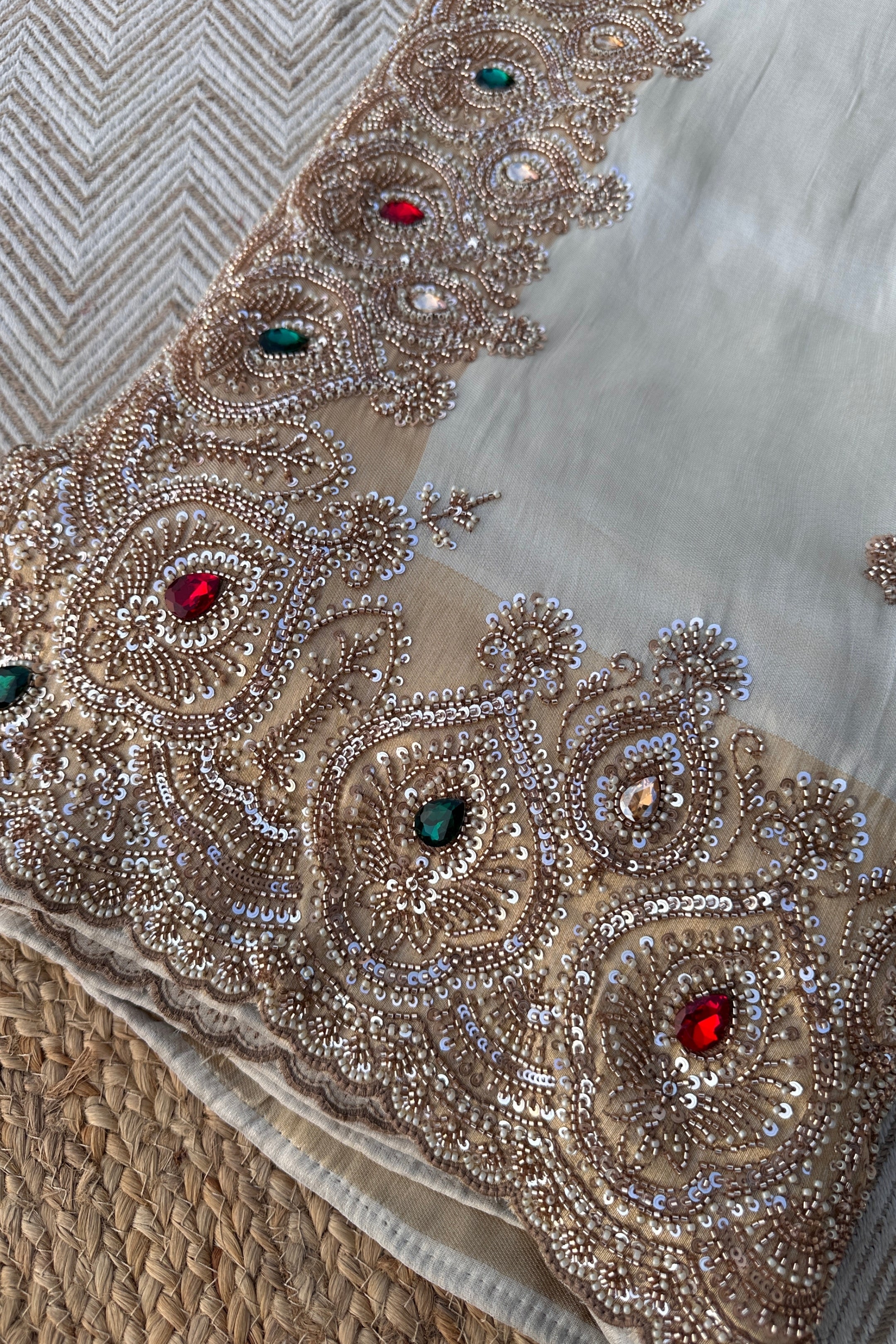 Golden Ivory Tissue Saree Embellished With Sequins, Moti & Cut Dana Work