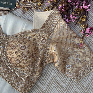 Golden Ivory Tissue Saree Embellished With Sequins, Moti & Cut Dana Work