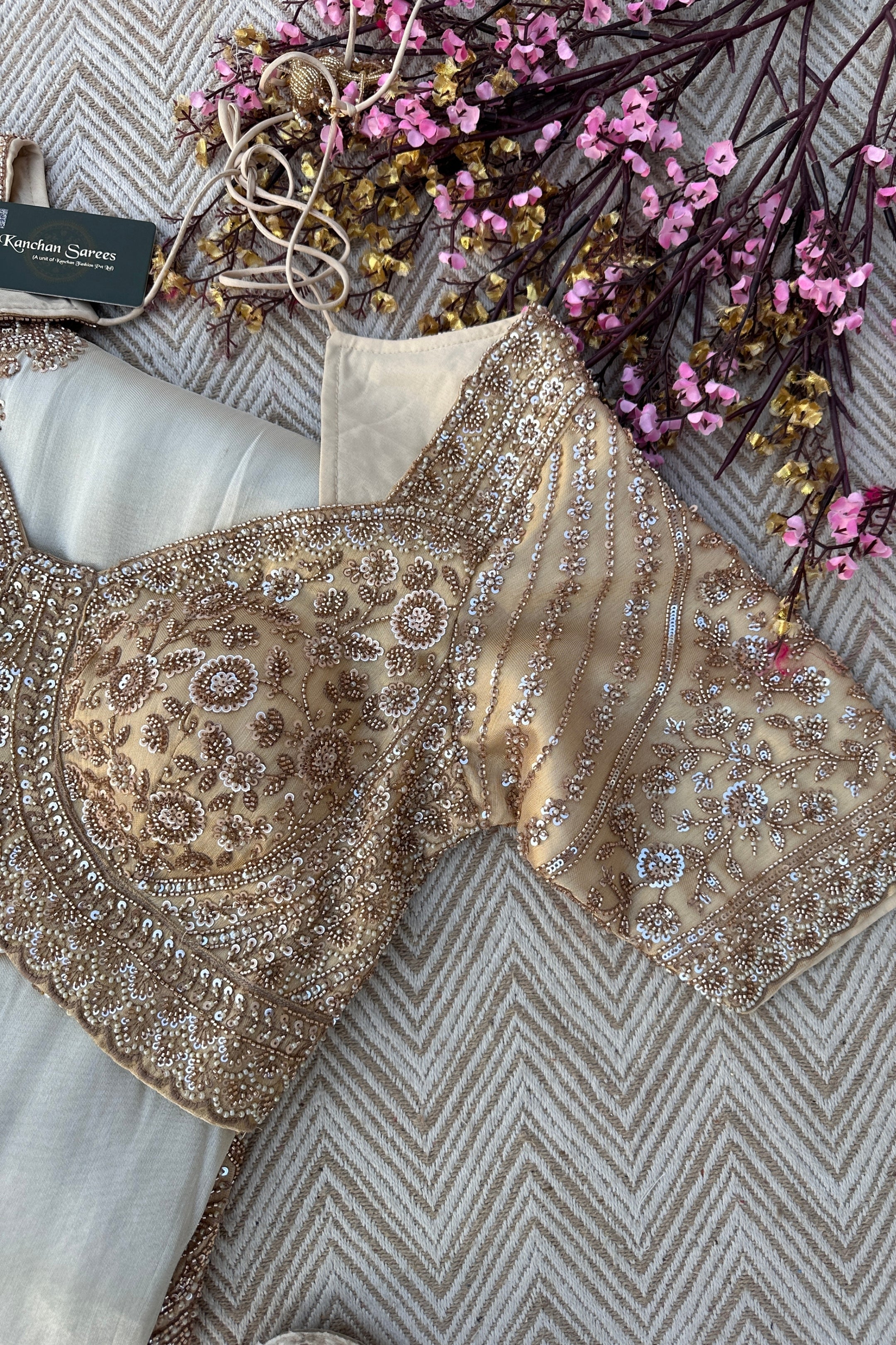 Golden Ivory Tissue Saree Embellished With Sequins, Moti & Cut Dana Work