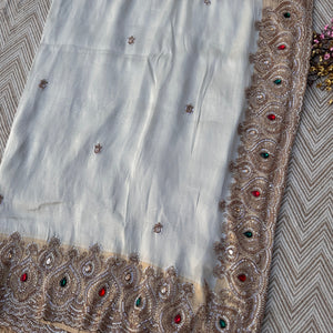 Golden Ivory Tissue Saree Embellished With Sequins, Moti & Cut Dana Work
