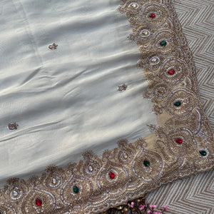 Golden Ivory Tissue Saree Embellished With Sequins, Moti & Cut Dana Work