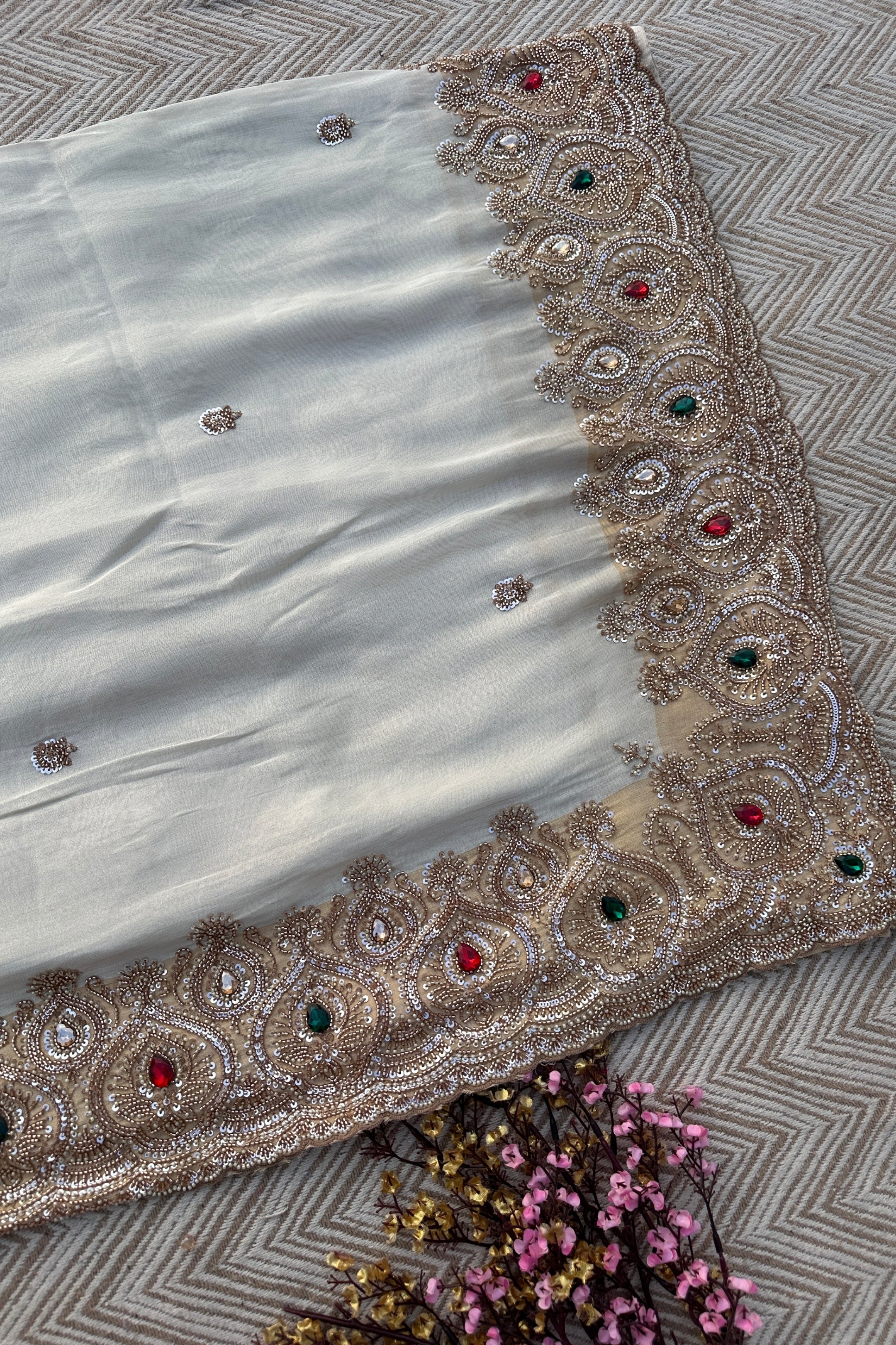 Golden Ivory Tissue Saree Embellished With Sequins, Moti & Cut Dana Work