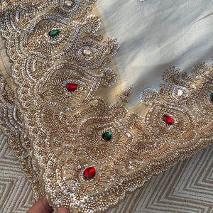 Golden Ivory Tissue Saree Embellished With Sequins, Moti & Cut Dana Work