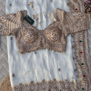Golden Ivory Tissue Saree Embellished With Sequins, Moti & Cut Dana Work
