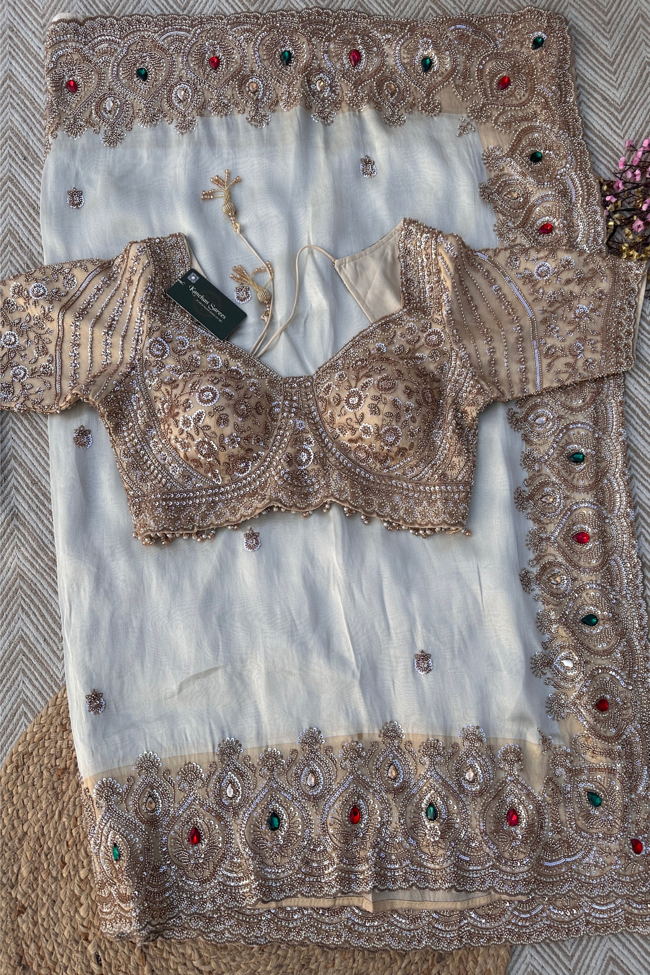 Golden Ivory Tissue Saree Embellished With Sequins, Moti & Cut Dana Work