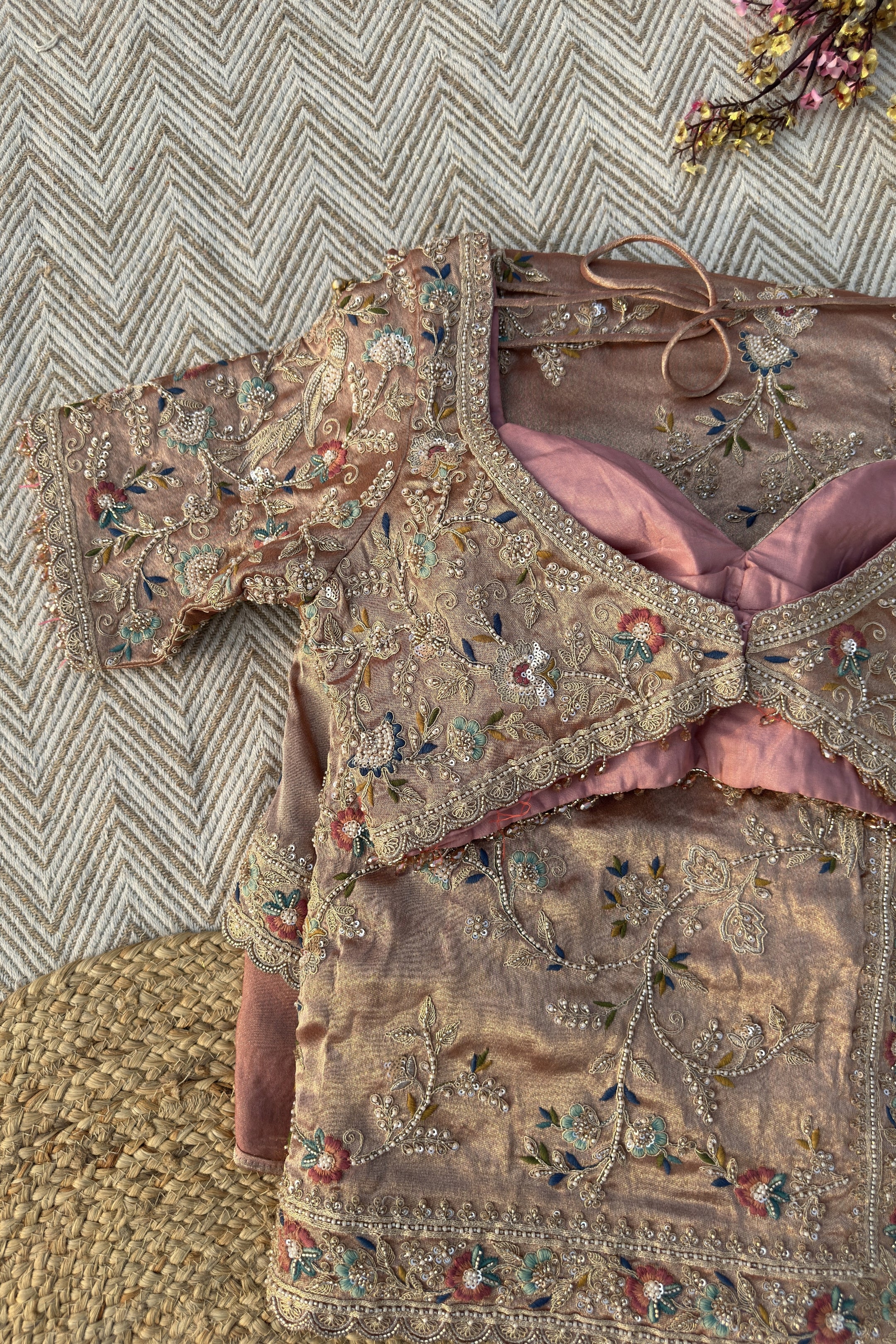 Pink Tissue Saree Embellished With Moti, Thread, Sequins & Cut Dana Work