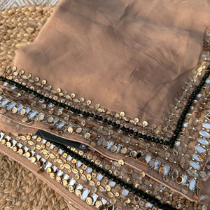 Beige Organza Saree & Net Blouse Embellished With Stone, Moti, Mirror & Kundan Work