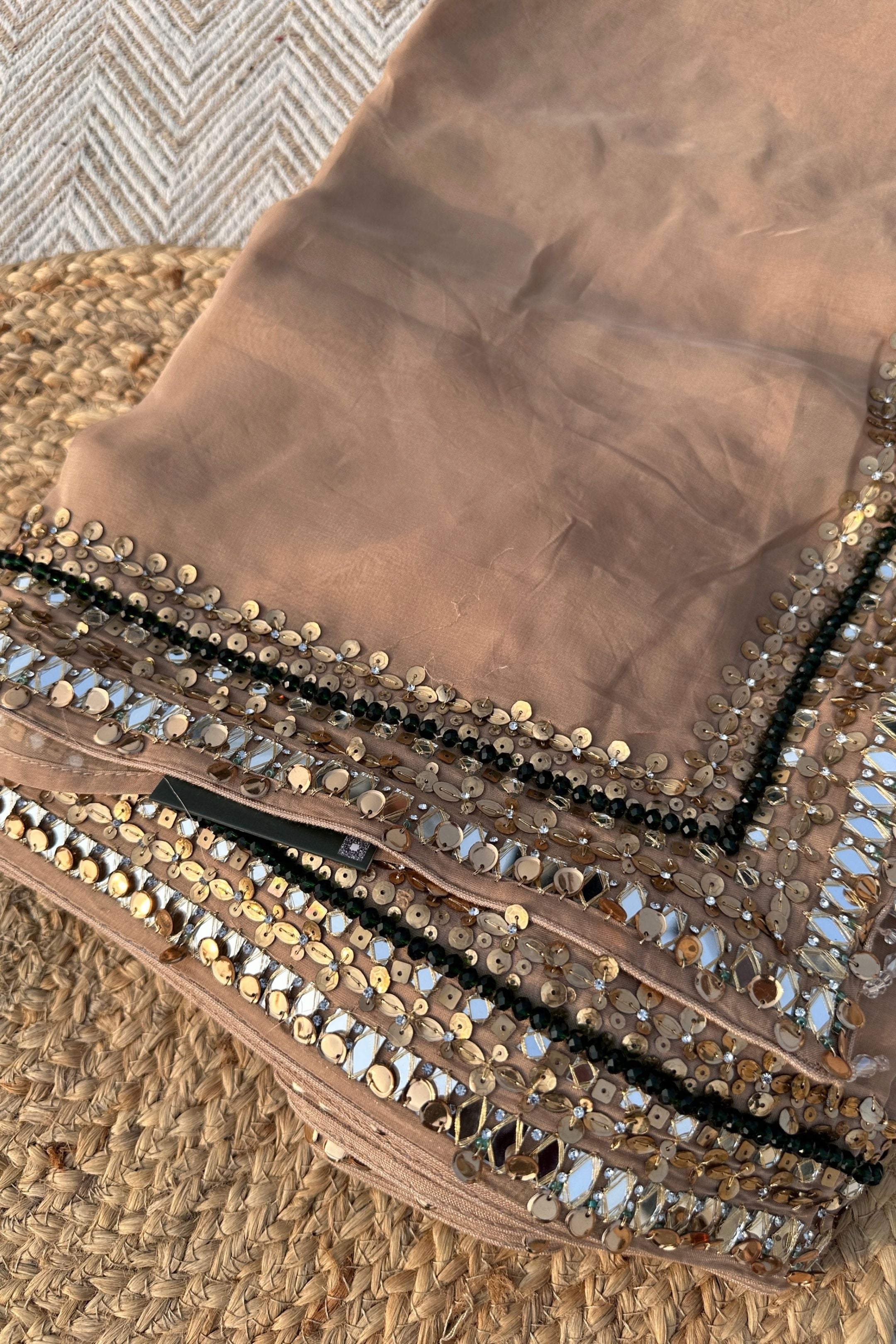 Beige Organza Saree & Net Blouse Embellished With Stone, Moti, Mirror & Kundan Work